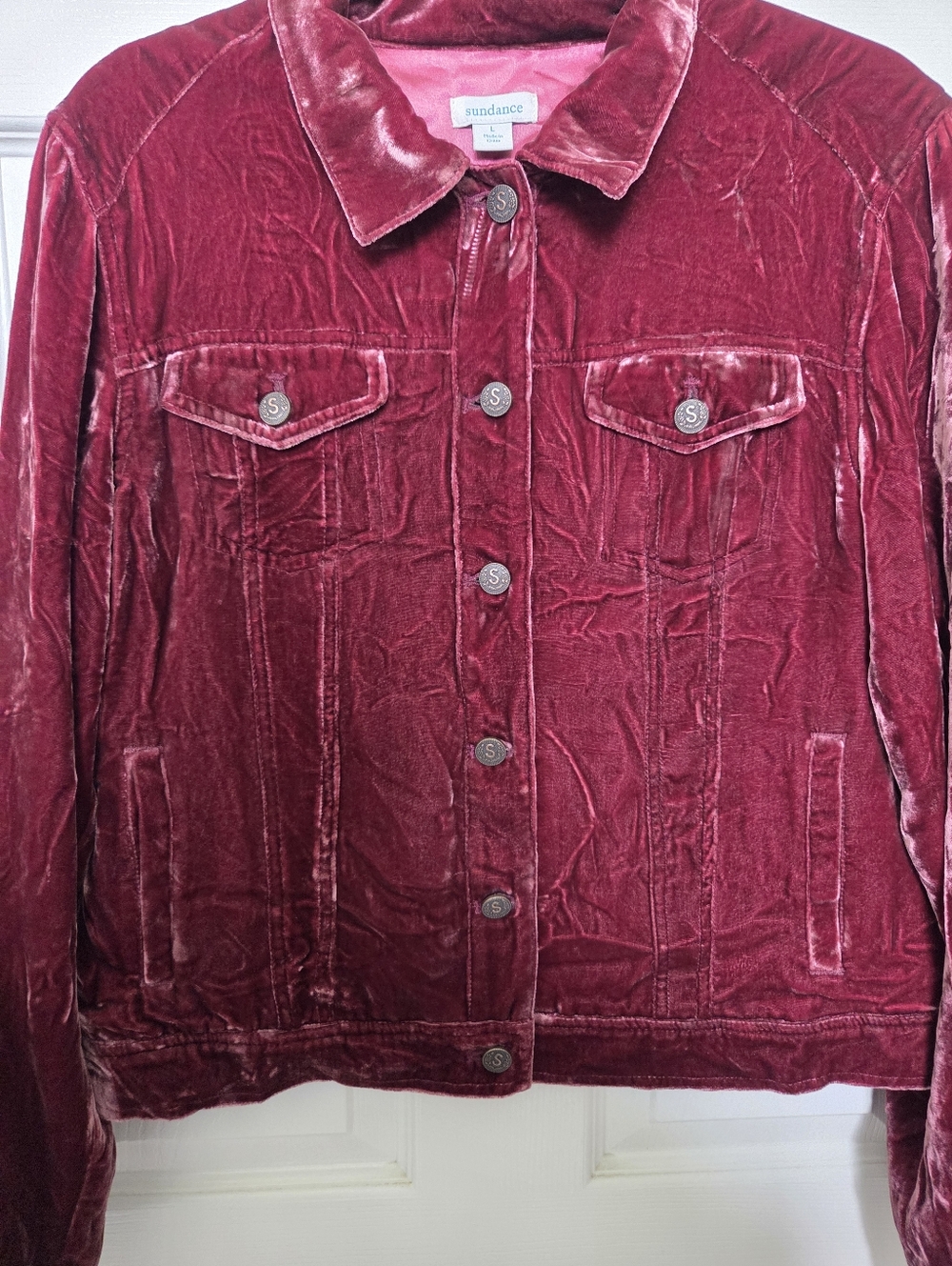 Sundance Wine Color Velvet/Silk Blend Button-Front Trucker Jacket Large Western - Picture 4 of 13